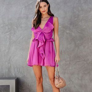 Barbs Drape Ruffle Chiffon Mini Dress - MAGENTA - Size M